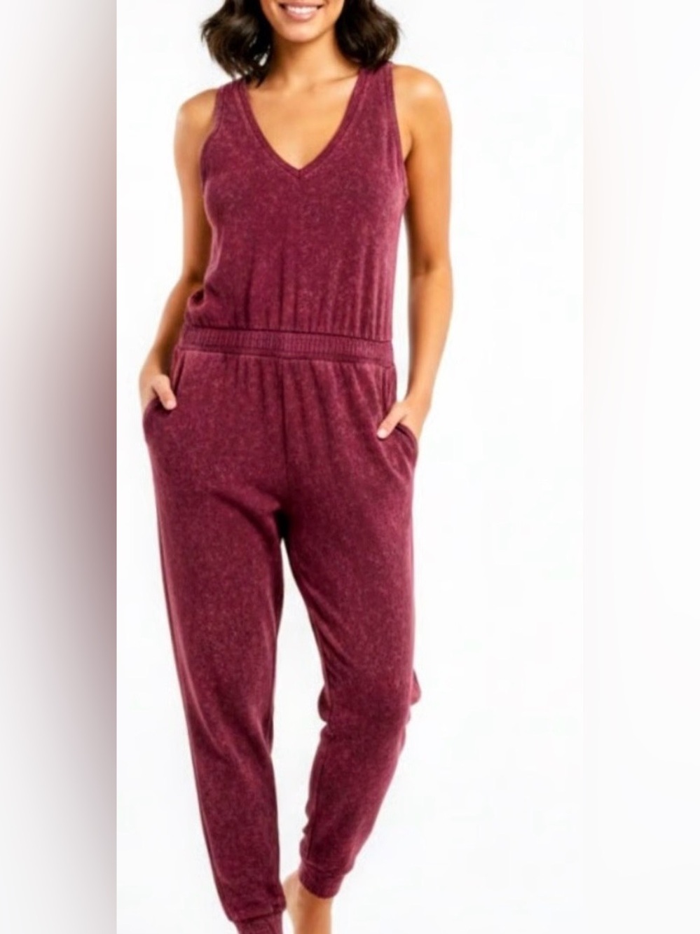 Calvin Klein Sleeveless V-Neck Wine Jumpsuit with Elastic Waist